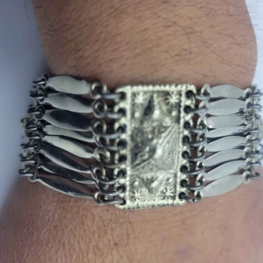 Vintage Sterling Silver Taxco 925 Wide Panel Bracelet 7"